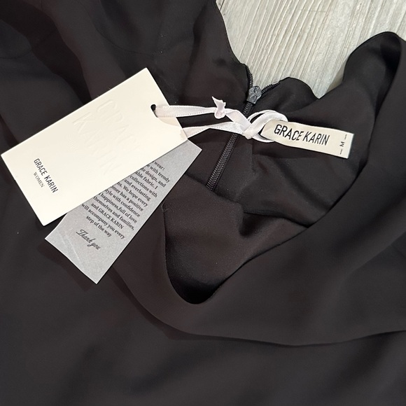 NWT GRACE KARIN Lined Chiffon Dress 3/4 Split Sleeve Black Floral detail Women M - Picture 4 of 7